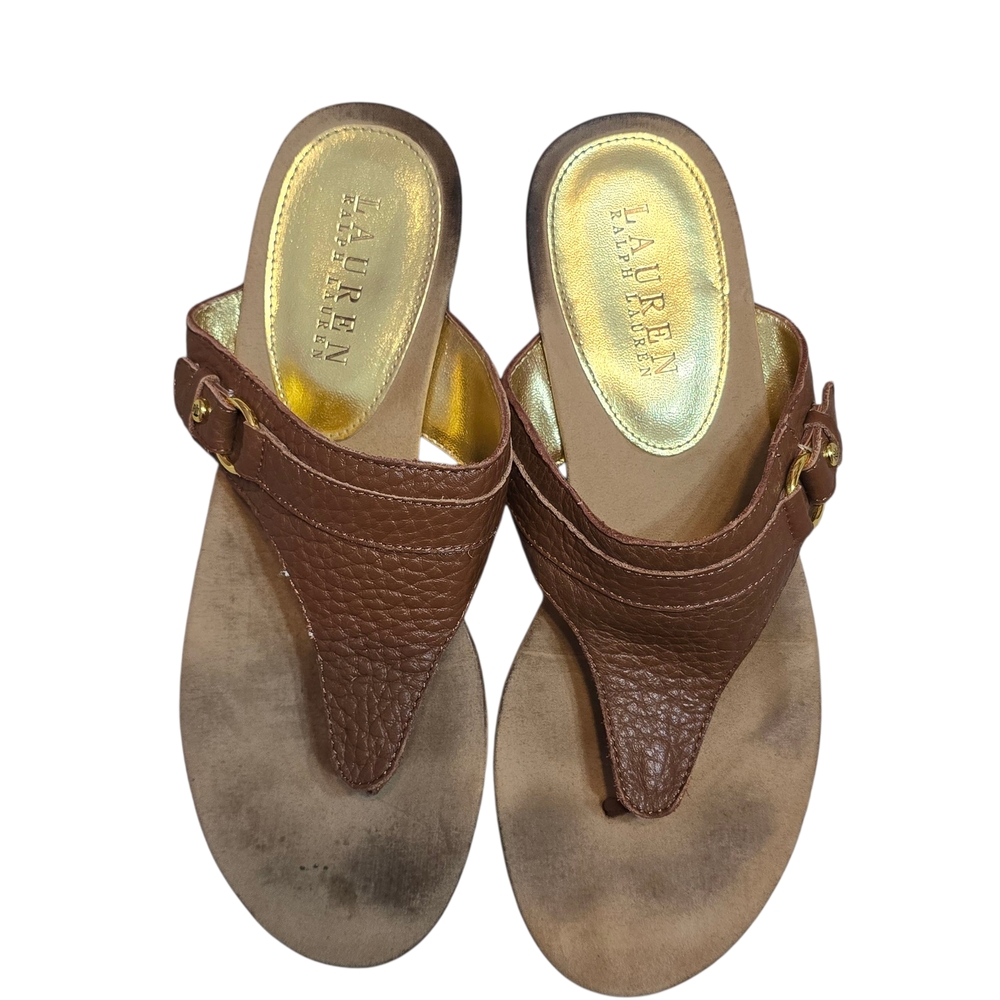Lauren Ralph Lauren Brown Pebble Leather Gold and Brown Sandals 9,5